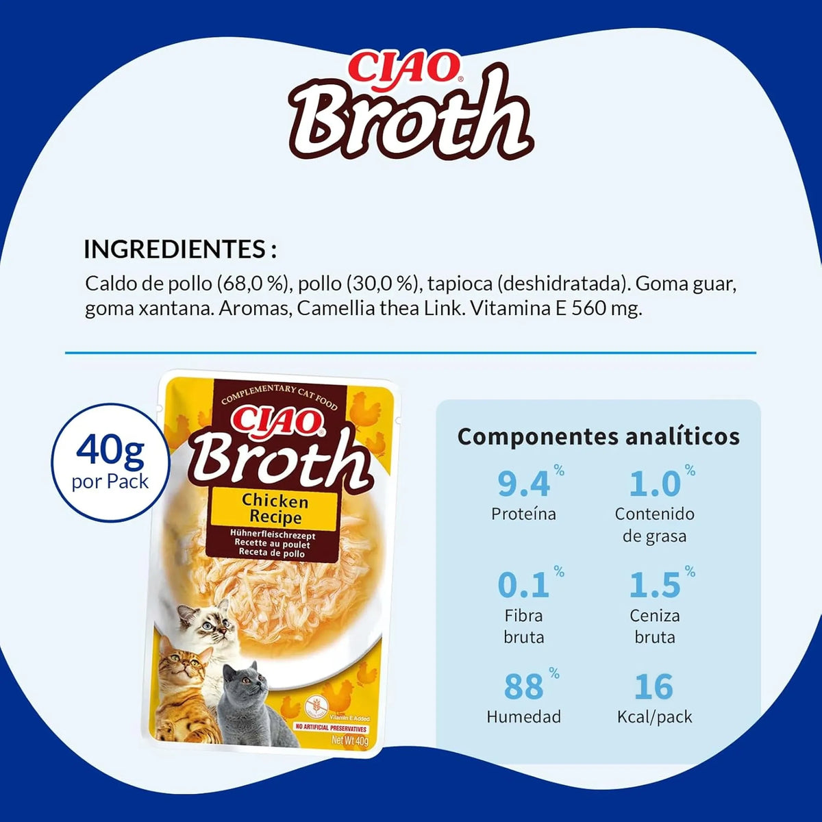 Lámina de Ciao Broth con los ingredientes, el sobre de 40 g y la tabla de componentes analíticos