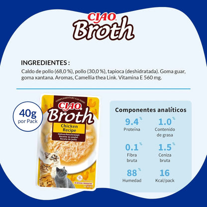 Lámina de Ciao Broth con los ingredientes, el sobre de 40 g y la tabla de componentes analíticos
