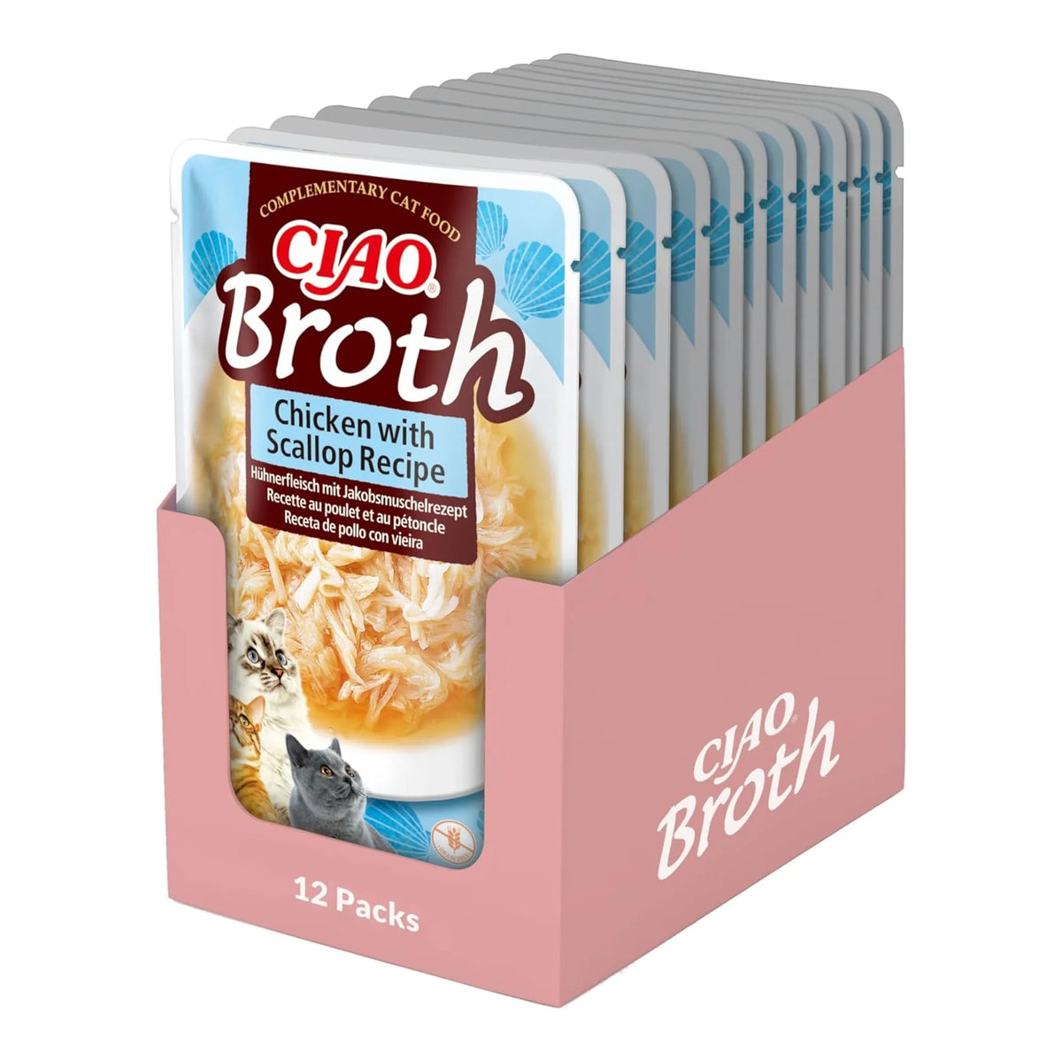 Caja expositora abierta, llena de bolsas de Ciao Broth de pollo con vieira