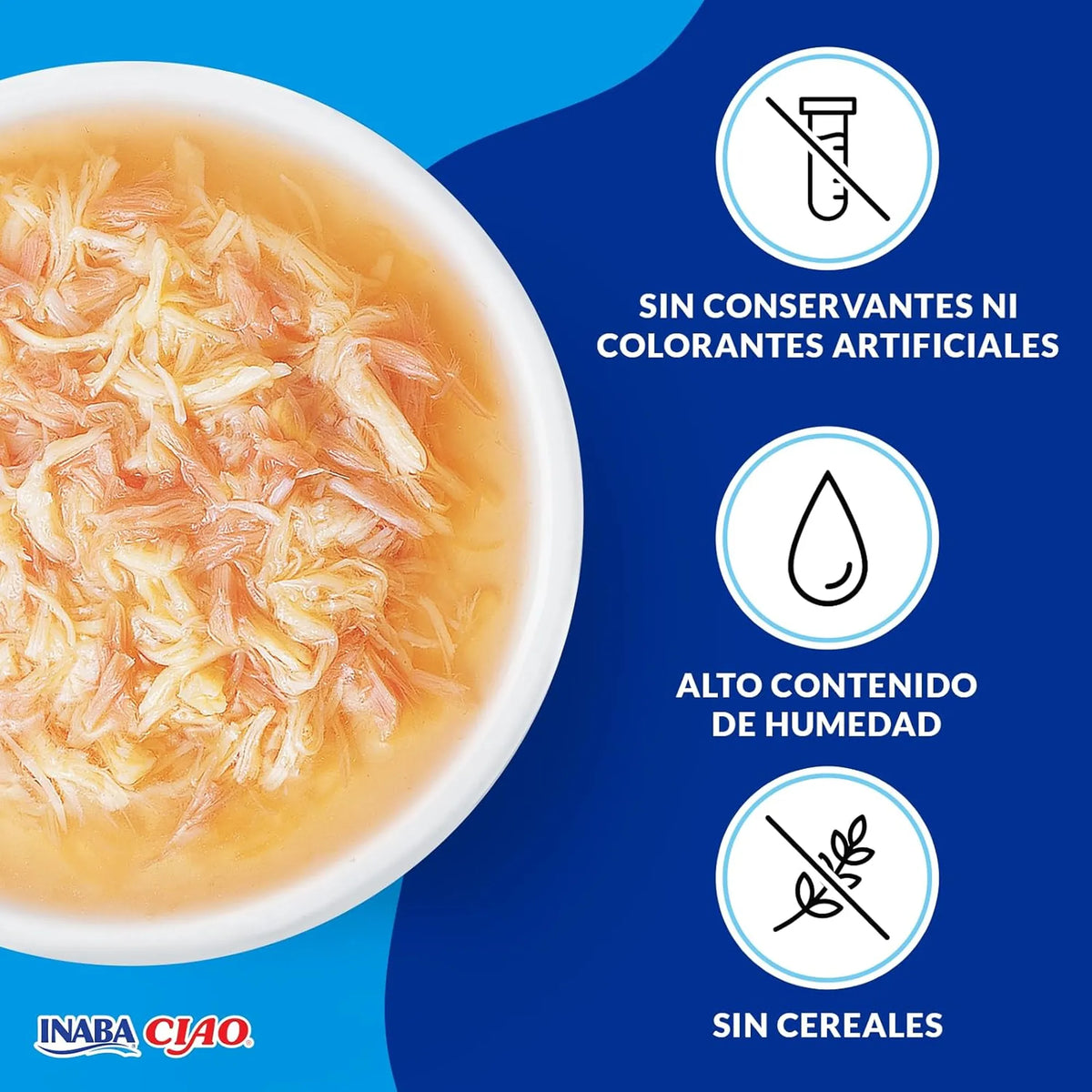 Cuenco de caldo con tiras desmenuzadas junto a tres iconos dibujados sobre la receta