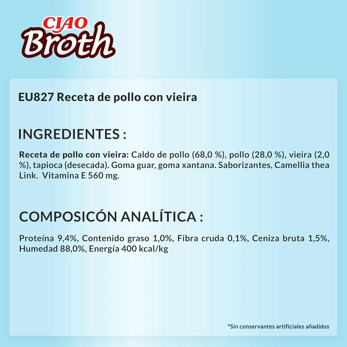 Ficha técnica en texto con la receta, la lista de ingredientes y la composición analítica
