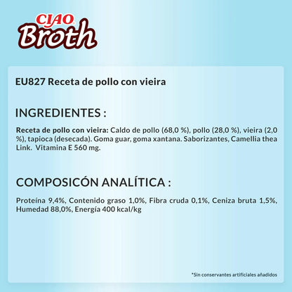 Ficha técnica en texto con la receta, la lista de ingredientes y la composición analítica