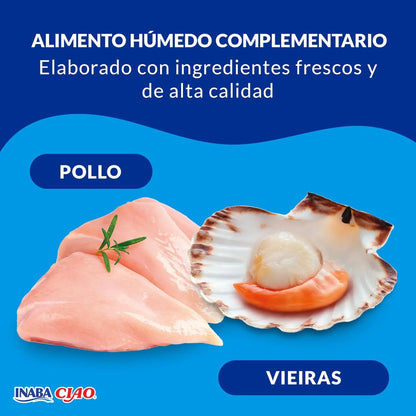 Pollo y vieiras fotografiados sobre fondo azul con el rótulo «Alimento húmedo complementario»