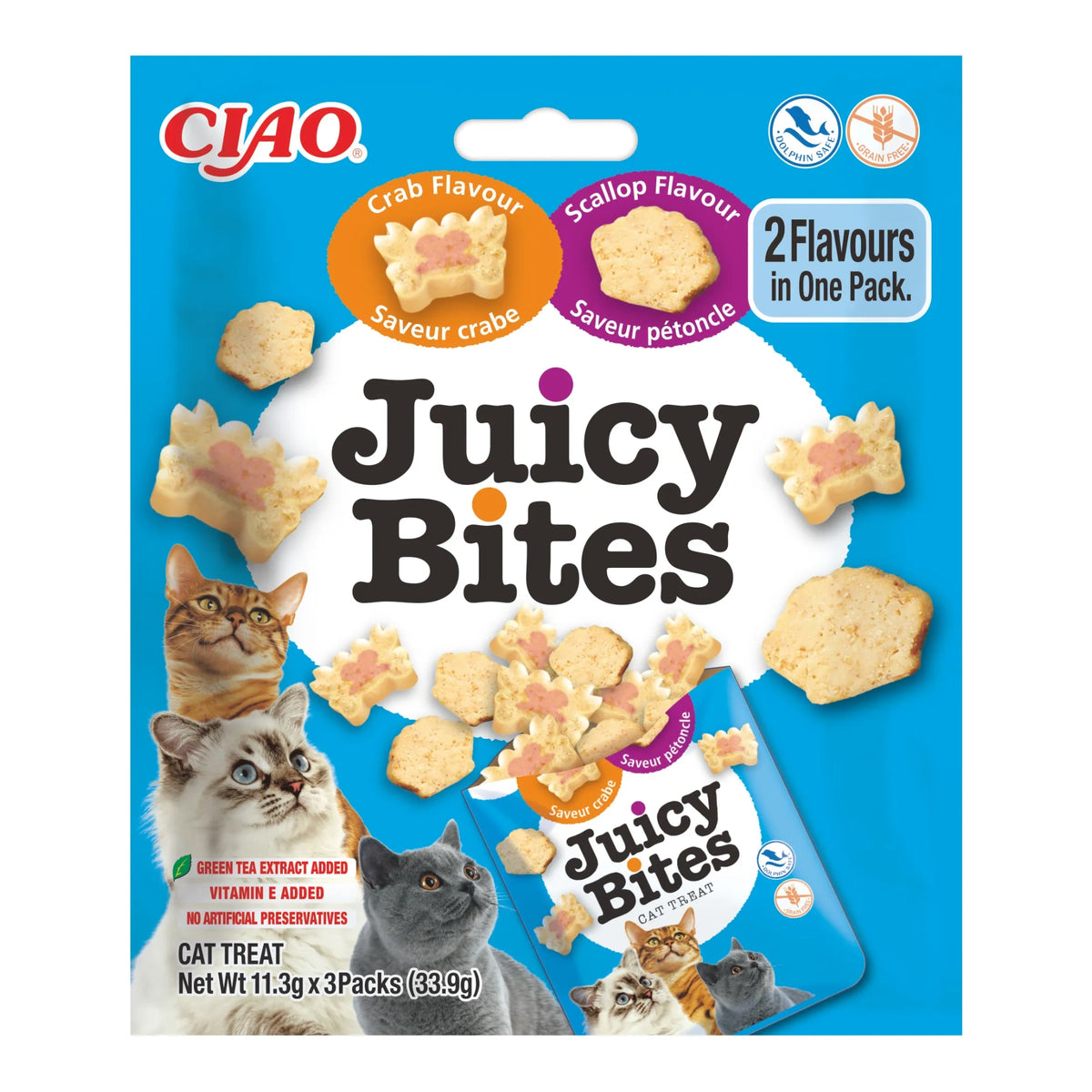 Ciao Juicy Bites sabor vieira y sabor cangrejo para gatos, bolsa de 3 sobres de 11,3 g (33,9 g), EAN 18859387701494