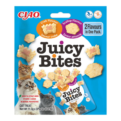 Ciao Juicy Bites sabor vieira y sabor cangrejo para gatos, bolsa de 3 sobres de 11,3 g (33,9 g), EAN 18859387701494