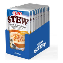 Caja expositora abierta y completa, con las bolsas de Ciao Stew de pollo con atún