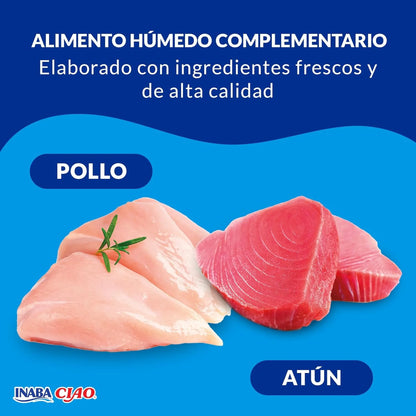 Pollo y atún fotografiados sobre fondo azul con el rótulo «Alimento húmedo complementario»