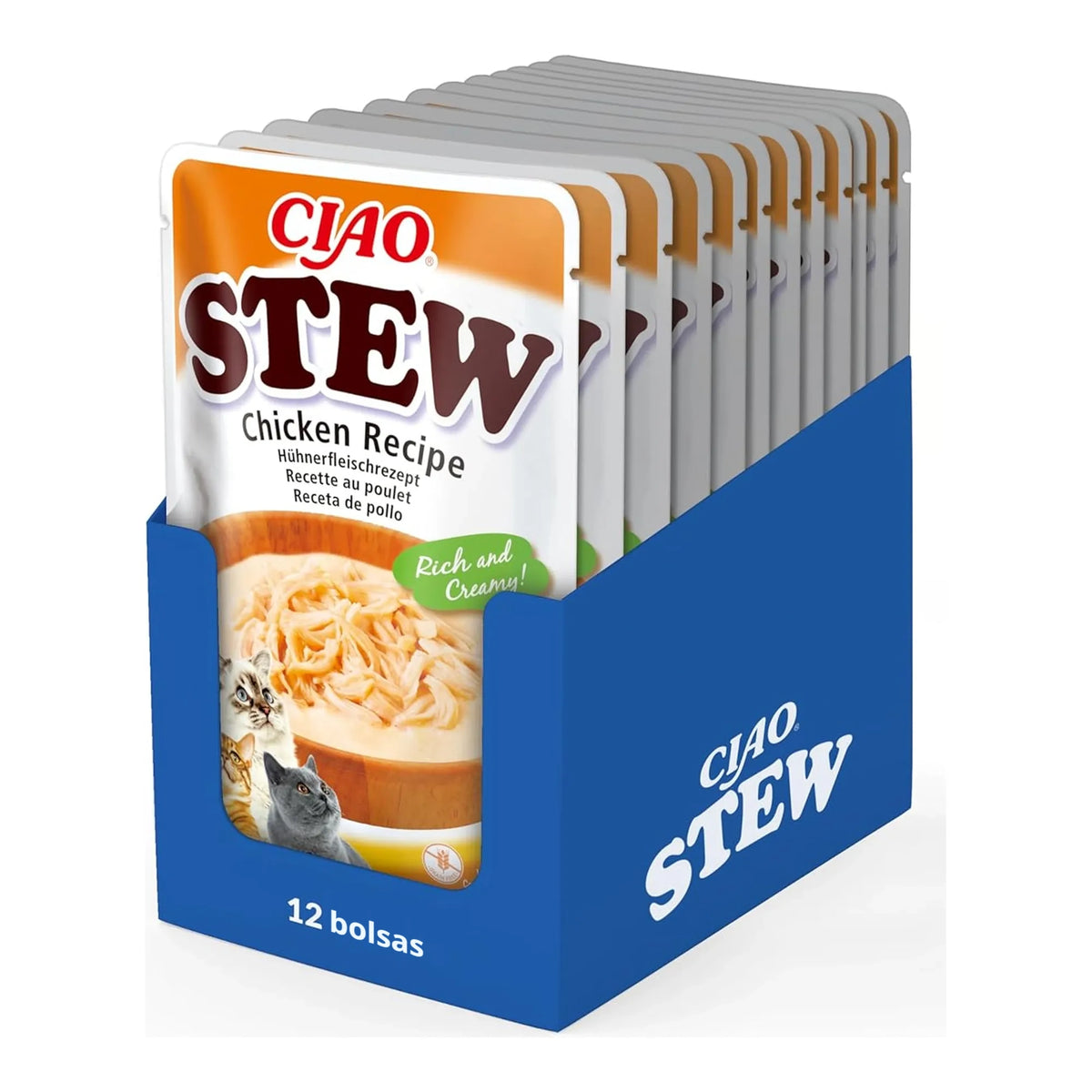 Caja expositora abierta y llena de bolsas de Ciao Stew de pollo, el formato de venta