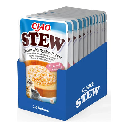 Caja expositora abierta con las bolsas de Ciao Stew de pollo con vieira a la vista