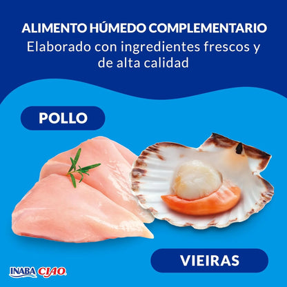 Pollo y vieiras fotografiados sobre fondo azul con el rótulo «Alimento húmedo complementario»
