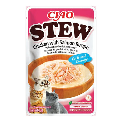 Bolsa rosa y blanca de Ciao Stew con la receta de pollo con salmón, la tercera de la caja