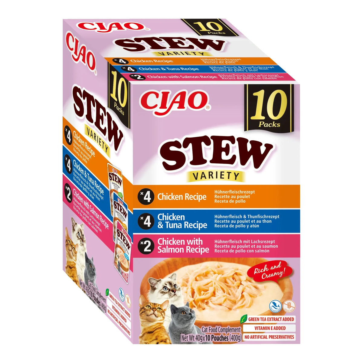 Ciao Stew variedades de pollo, pollo con atún y pollo con salmón para gatos, caja de 10 bolsas de 40 g, EAN 4262365732019