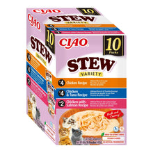 Ciao Stew variedades de pollo, pollo con atún y pollo con salmón para gatos, caja de 10 bolsas de 40 g, EAN 4262365732019