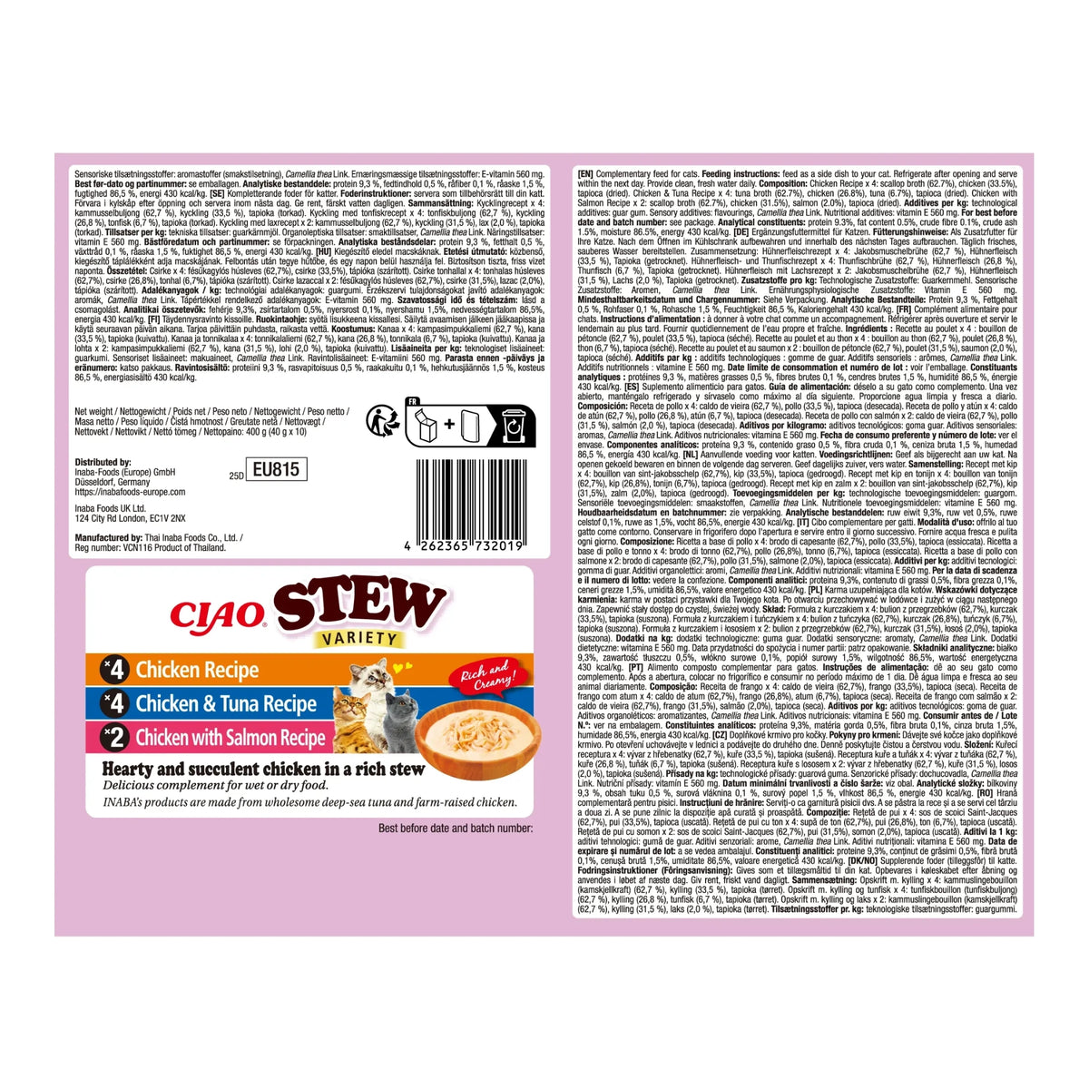 Dorso rosa de la caja con texto legal en varios idiomas, código de barras y el rótulo de las tres recetas