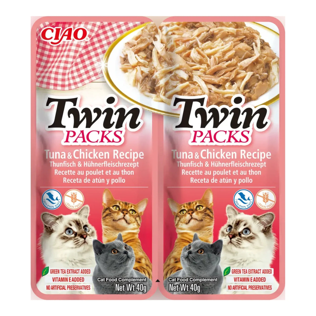 Ciao Twin Packs de atún y pollo en caldo de atún para gatos, pack de 2 bolsitas de 40 g (80 g), EAN 18859387701241