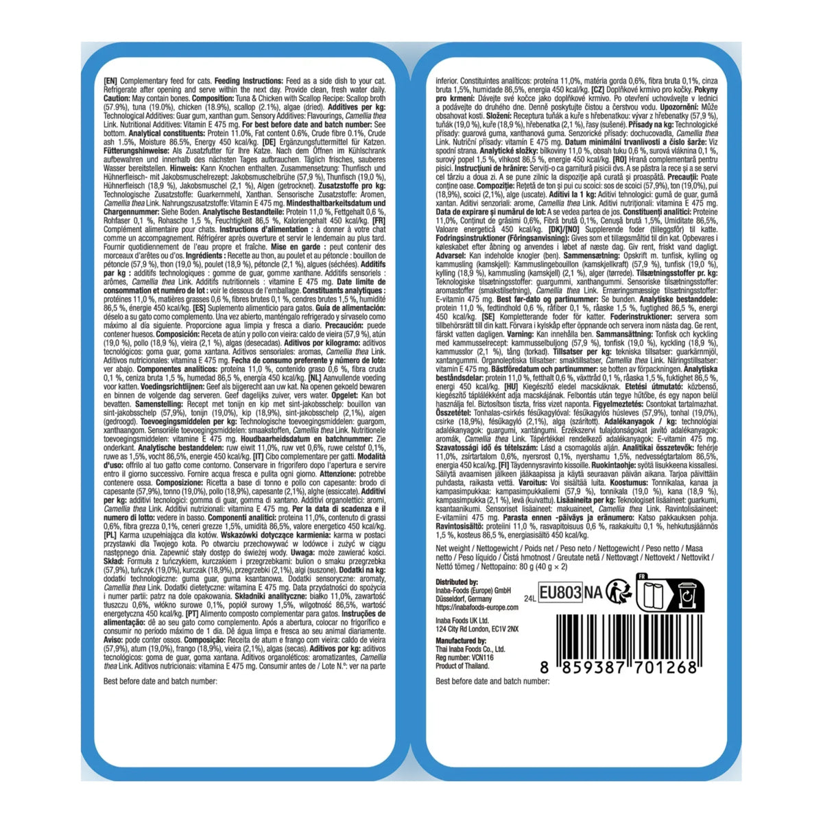 Dorso de las dos bolsitas Ciao Twin Packs en caldo de vieira, con texto en varios idiomas y código de barras