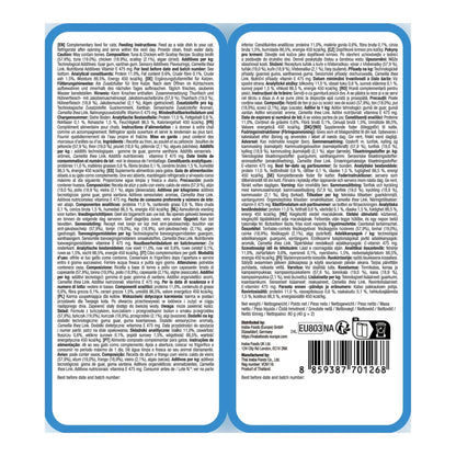 Dorso de las dos bolsitas Ciao Twin Packs en caldo de vieira, con texto en varios idiomas y código de barras