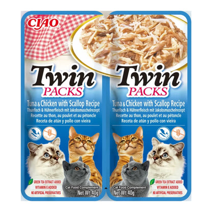 Ciao Twin Packs de atún y pollo con vieira en caldo de vieira para gatos, pack de 2 bolsitas de 40 g, EAN 18859387701265