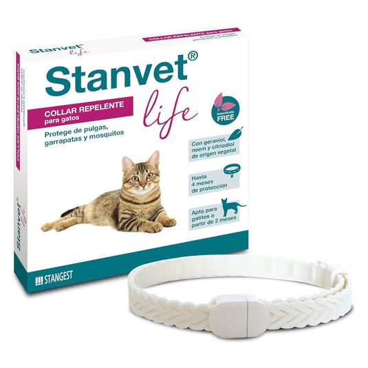 Caja del collar repelente Stanvet Life para gatos que protege de pulgas, garrapatas y mosquitos con ingredientes de origen vegetal