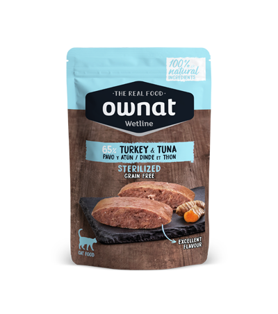 Envase de 85 g de la comida húmeda Ownat esterilizados pavo y atún, EAN 8429037030064