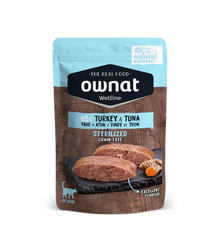 Envase de 85 g de la comida húmeda Ownat esterilizados pavo y atún, EAN 8429037030064