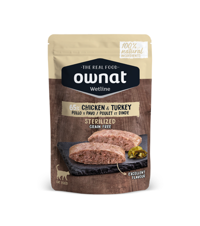 Envase de 85 g de la comida húmeda Ownat esterilizados pollo y pavo, EAN 8800000126050