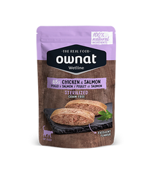 Envase de 85 g de la comida húmeda Ownat esterilizados pollo y salmón, EAN 8800000126036