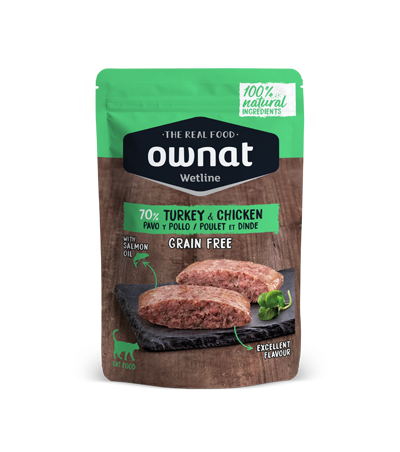 Envase de 85 g de la comida húmeda Ownat pavo y pollo para gatos, EAN 8429037030019