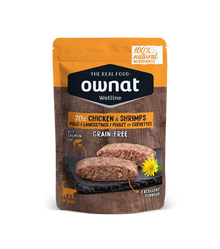 Envase de 85 g de la comida húmeda Ownat pollo y langostinos para gatos, EAN 8800000126012