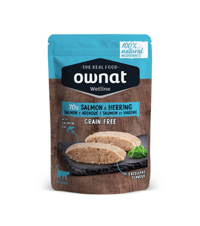 Envase de 85 g de la comida húmeda Ownat salmón y arenque para gatos, EAN 8800000125992