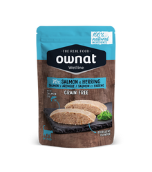 Envase de 85 g de la comida húmeda Ownat salmón y arenque para gatos, EAN 8800000125992