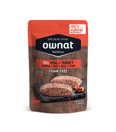 Envase de 85 g de la comida húmeda Ownat ternera y pavo para gatos, EAN 8429037030026