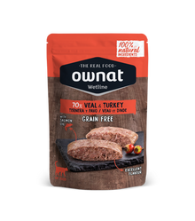 Envase de 85 g de la comida húmeda Ownat ternera y pavo para gatos, EAN 8429037030026