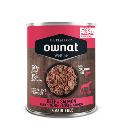 Lata de 395 g de la comida húmeda Ownat buey y salmón para perros, EAN 8800000147116