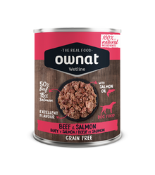 Lata de 395 g de la comida húmeda Ownat buey y salmón para perros, EAN 8800000147116