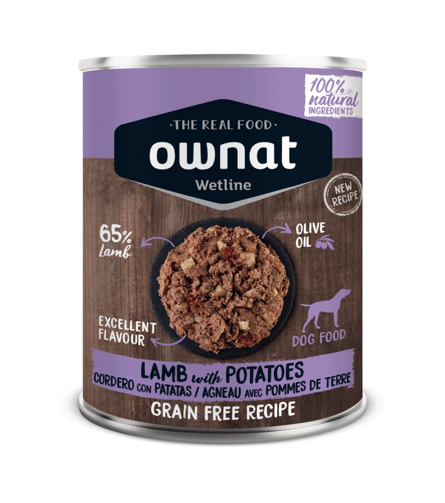Lata de 395 g de la comida húmeda Ownat cordero con patatas para perros, EAN 8800000147109