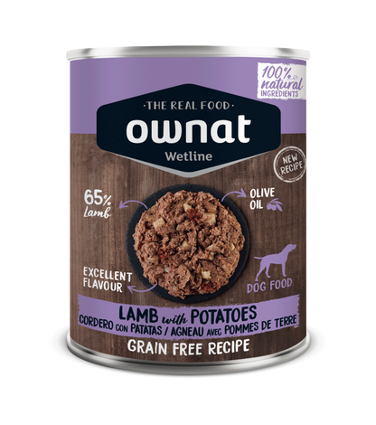 Lata de 395 g de la comida húmeda Ownat cordero con patatas para perros, EAN 8800000147109