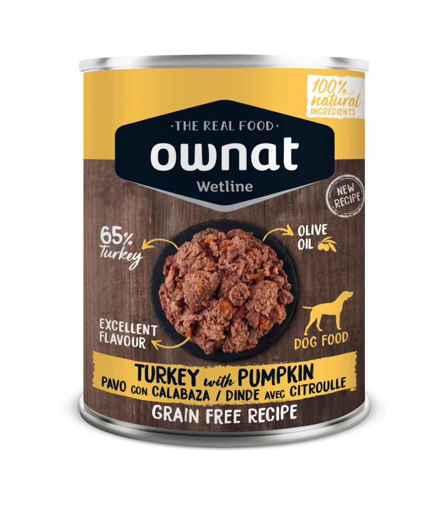 Lata de 395 g de la comida húmeda Ownat pavo con calabaza para perros, EAN 8800000147086