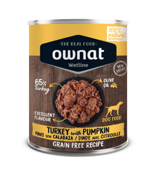 Lata de 395 g de la comida húmeda Ownat pavo con calabaza para perros, EAN 8800000147086
