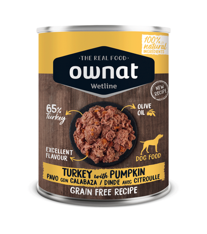 Lata de 395 g de la comida húmeda Ownat pavo con calabaza para perros, EAN 8800000147086