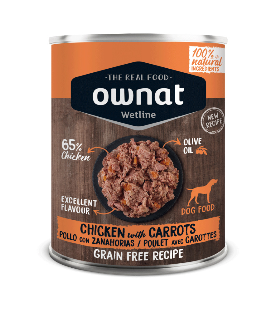 Lata de 395 g de la comida húmeda Ownat pollo con zanahoria para perros, EAN 8800000147093