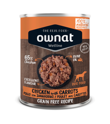 Lata de 395 g de la comida húmeda Ownat pollo con zanahoria para perros, EAN 8800000147093