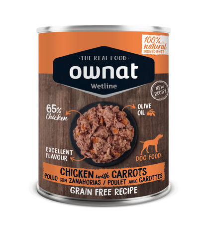 Lata de 395 g de la comida húmeda Ownat pollo con zanahoria para perros, EAN 8800000147093