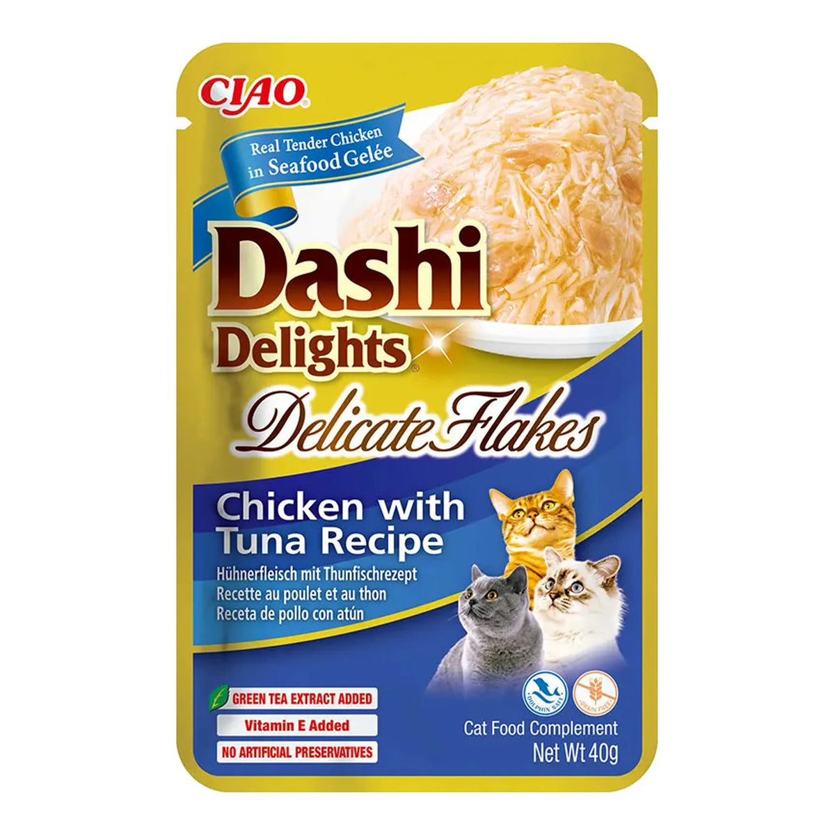 Dashi Delights Delicate Flakes de pollo con atún para gatos, bolsa de 40 g, EAN 14262365731040
