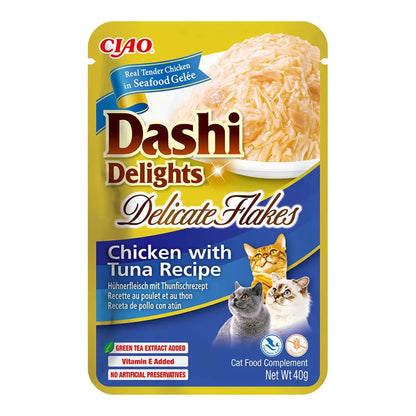 Dashi Delights Delicate Flakes de pollo con atún para gatos, bolsa de 40 g, EAN 14262365731040
