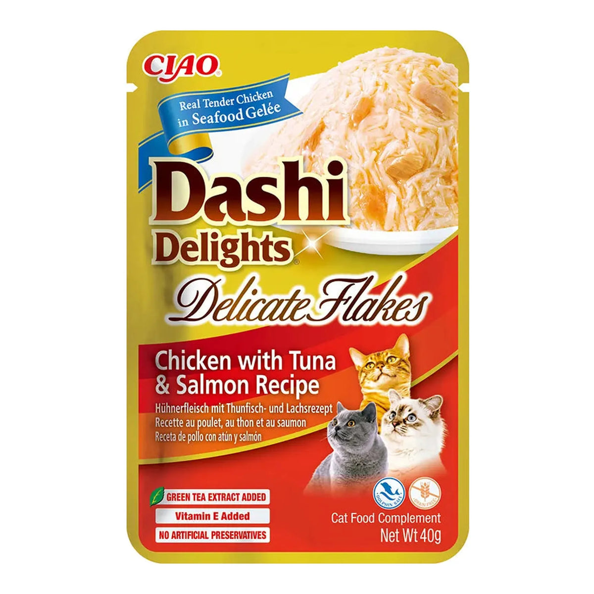 Dashi Delights Delicate Flakes de pollo con atún y salmón para gatos, bolsa de 40 g, EAN 14262365731071
