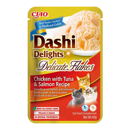 Dashi Delights Delicate Flakes de pollo con atún y salmón para gatos, bolsa de 40 g, EAN 14262365731071