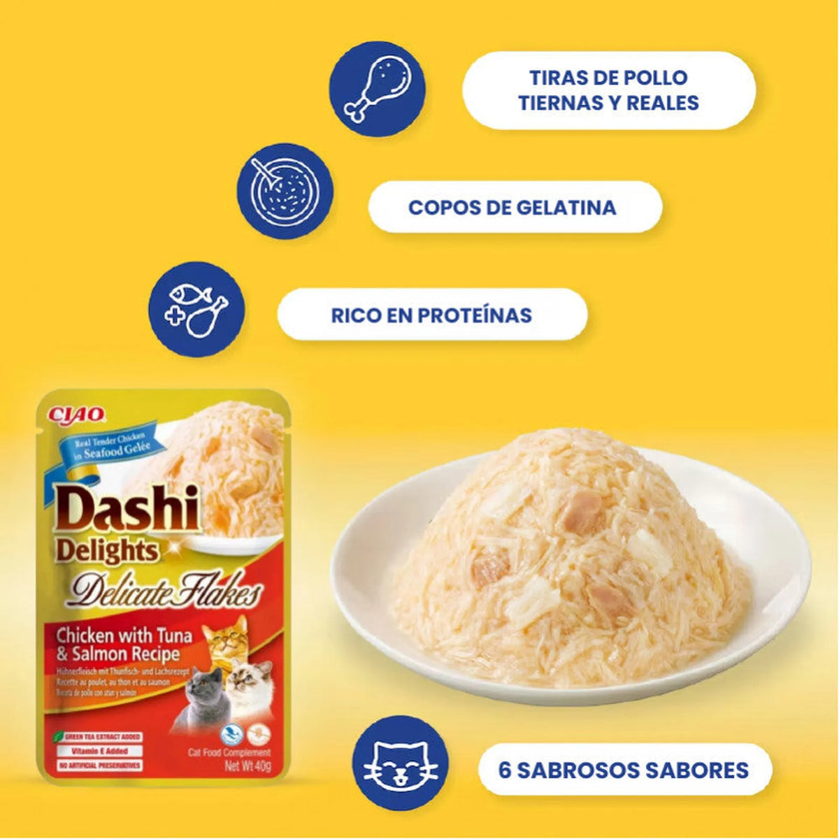 Bolsa de Dashi Flakes con atún y salmón junto a un plato de copos de pollo y cuatro rótulos informativos