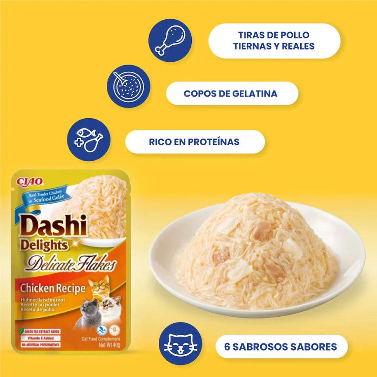 Bolsa de Dashi Delicate Flakes de pollo junto a un plato de copos de pollo y cuatro rótulos de la receta