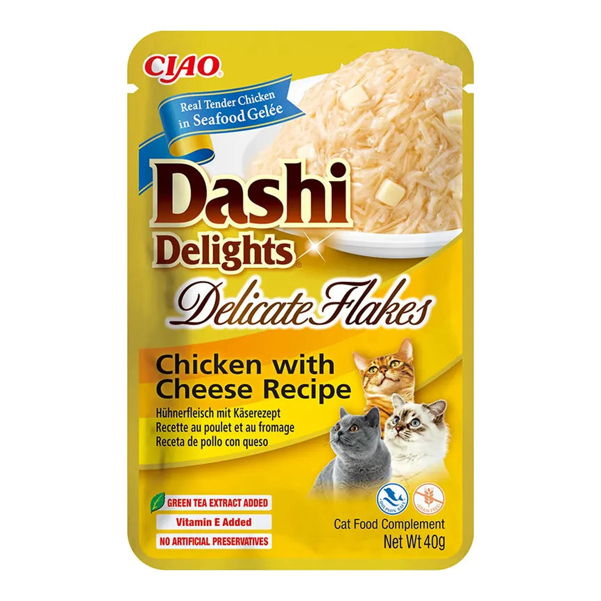 Dashi Delights Delicate Flakes de pollo con queso para gatos, bolsa de 40 g, EAN 14262365731057